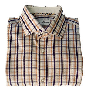 Robert Graham Men's Button Shirt 39 15 1/2 Blue/Pale Orange/ White Wide Plaid A+